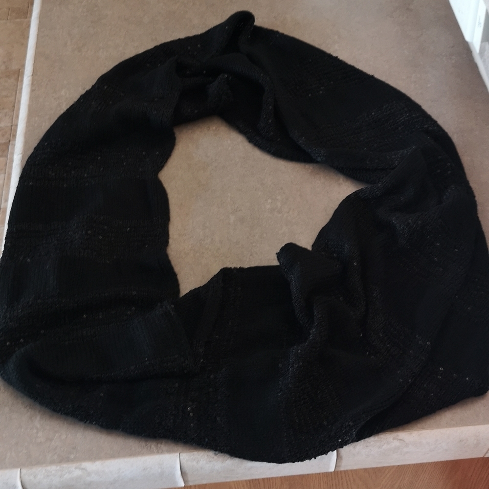 Black Knit Infinity Scarf with Variegated Pattern & Sequin Sparkle